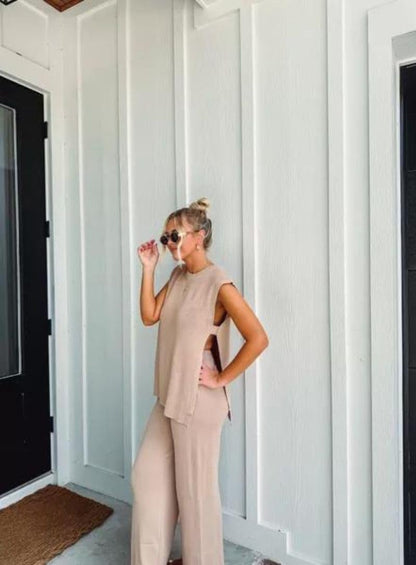 Lviefent Womens 2 Piece Outfits Sweater Set Sleeveless Side Slit Pullover Top Knit Wide Leg Pants Lounge Matching Sets (Khaki-M)
