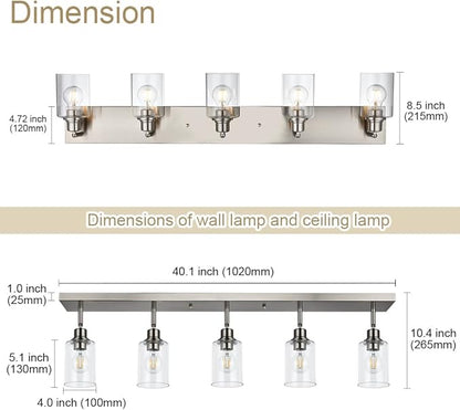 VINLUZ 5 Light Indoor Vanity Lights with Clear Glass Shade,Black Bathroom Spotlight Fixture with Rotatable Light Head Metal Ceiling Light Fixture