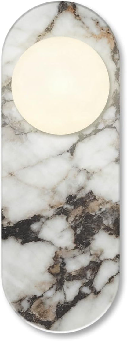 Natural Marble Wall Sconce with Alabaster Glass Globe, Modern Hardwired Wall Light Fixture for Bedroom, Bathroom, Dining Room, Hallway, Stairs (1-Light Sconce)