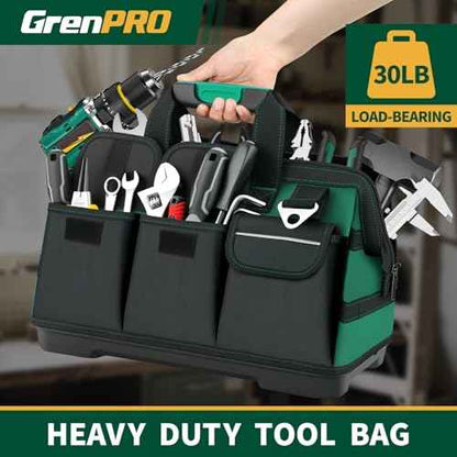 Tool Bag 18 Inch Molded Bottom, Upgraded Handle 18-Pocket Toolbox Organizer, Portable Multi-Pocket Waterproof, Tool Bag with Adjustable Shoulder Strap for Mechanics, DIY, Dad Birthday Gift