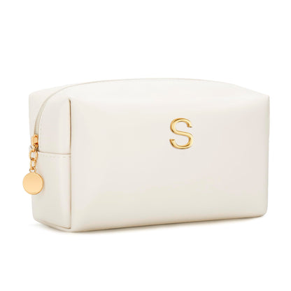 CLOUDWINGS Gifts for Women Bridesmaid Gifts Personalized Initial Makeup Bag PU Leather Cosmetic Waterproof Travel Toiletry Bag (Beige S)
