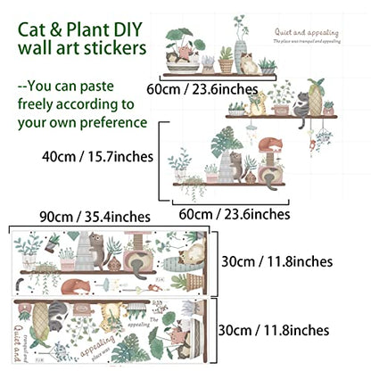 Cute Cat Stickers and Potted Plant Wall Stickers, Watercolour Removable Wall Stickers for Cat Flowerpots and Plant Leaves, Self-adhesive Vinyl Art Decor Murals for Children Babies Living Room TV