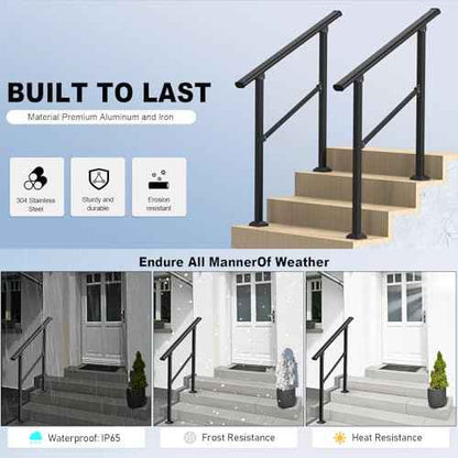 Outdoor Handrails for 1-2 Steps, Stair Railing Kit for Concrete & Porch Steps, Adjustable Black Iron Hand Rail for Seniors, Easy Installation, Retro Arch Design