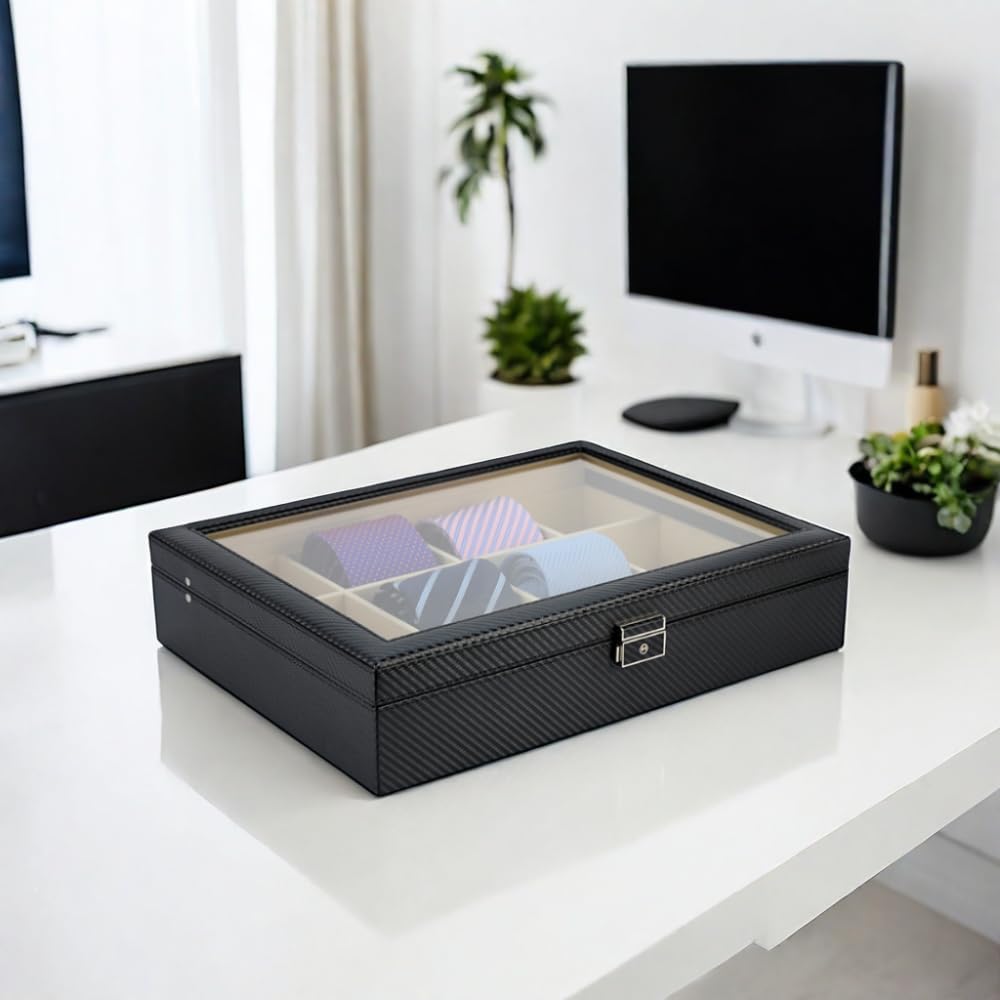 TIMELYBUYS Tie Display Case for 12 Ties, Belts, and Men's Accessories Black Carbon Fiber Storage Box Father's Day