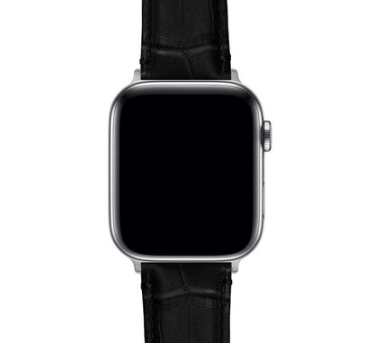 BARTON WATCH BANDS - Black & Stainless Hardware Alligator Grain Leather Watch Bands Compatible with Apple Watch Models - 1, 2, 3, 4, 5, 6, 7, 8, 9, 10, SE, Ultra & Ultra 2 - (42mm/44mm/45mm/49mm)