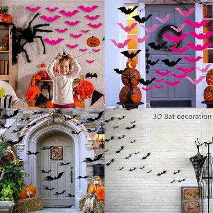 48 Pcs 3D Bats Wall Decals - Removable Rose Pink & Black Designs DIY Halloween Decorations for Party Indoor Home Kitchen Bedroom
