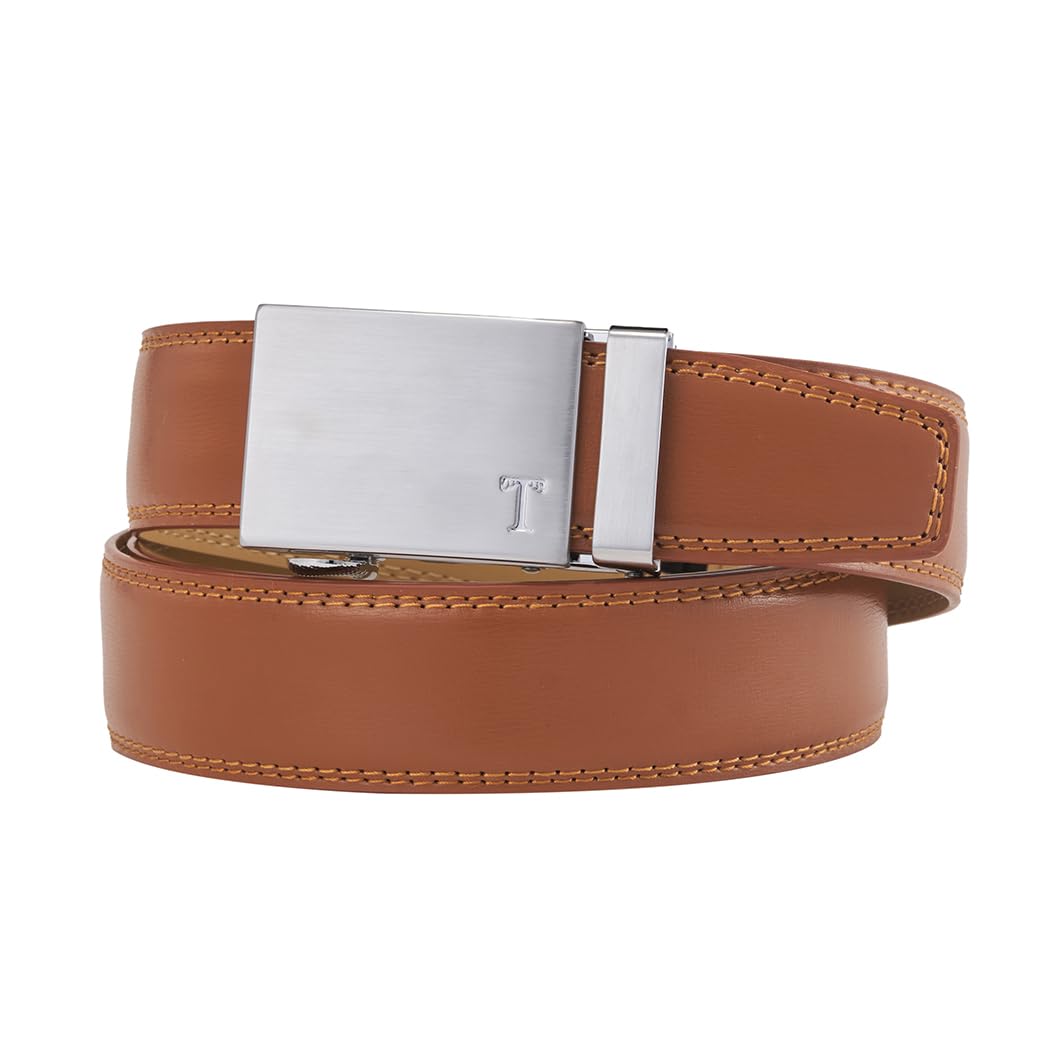Tonywell Ratchet Belts for Men, Leather Dress Casual Belt, 1 3/8" Adjustable with Comfort Click Buckle (Belt Cognac Silver Buckle, 32" to 45" Waist Adjustable)