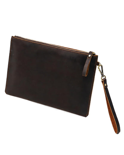 Inkfew Genuine Leather Wristlet for Women and Men, Leather Clutch Business Briefcase Tablet Sleeve Bag with Zip Closure
