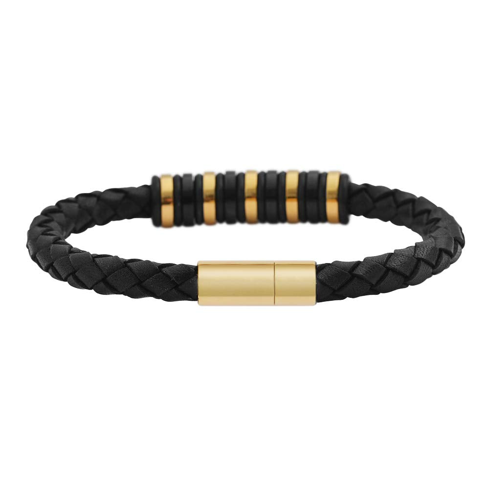 Geoffrey Beene Men's Genuine Braided Leather Bracelet with Stainless Steel Rubber Ornaments (Gold)