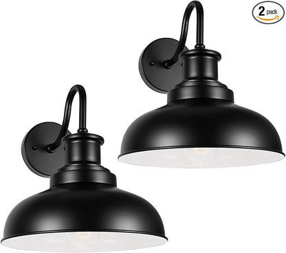 Outdoor Gooseneck Barn Light Outdoor Wall Sconce Farmhouse Exterior Wall Mount Light Vintage Outside Wall Lighting Fixture Industrial Black White Lantern for Porch, Entryway, Garage, 2 Pack
