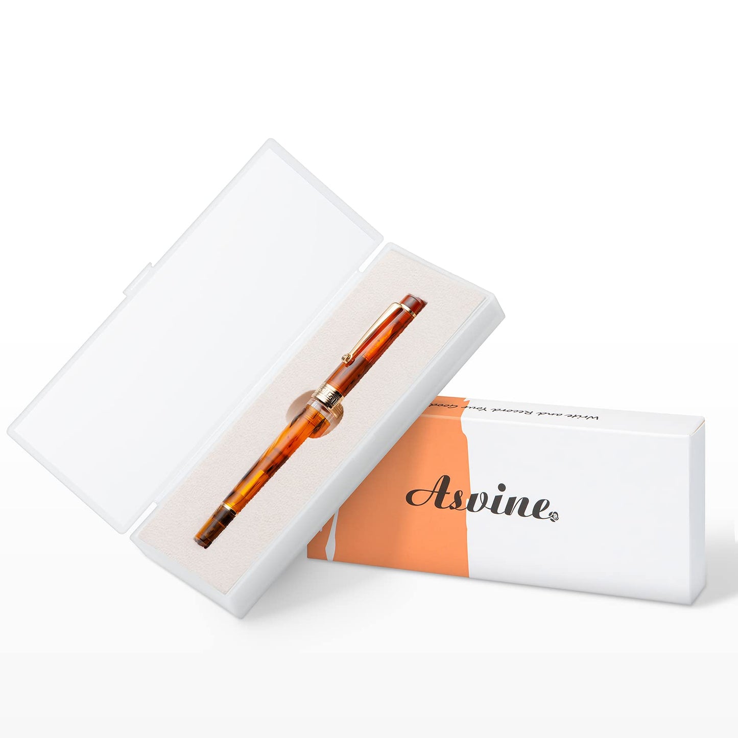 Asvine P20 Piston Fountain Pen Amber Resin, Iridium Extra Fine Nib Gold Trim Smooth Writer Collection with Case Set
