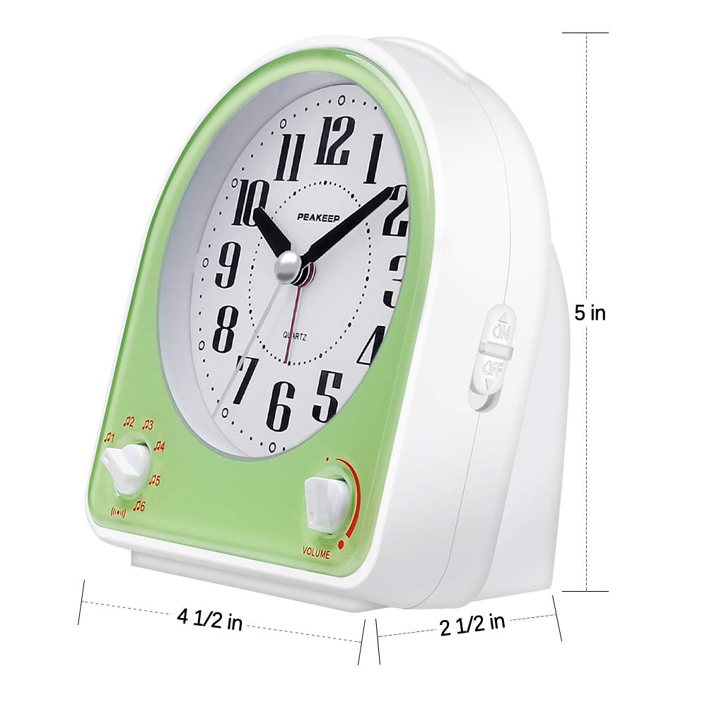 Peakeep Analog Alarm Clock Non-Ticking Silent, Optional 7 Wake-up Sounds with Volume Control, Nightlight and Snooze, AA Battery Operated (Green)