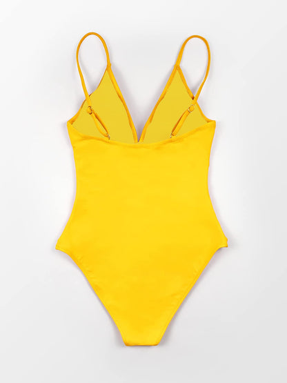 CUPSHE Womens Swimwear Shirring Design V-Neck Low Back One Piece Swimsuit, Large, Yellow