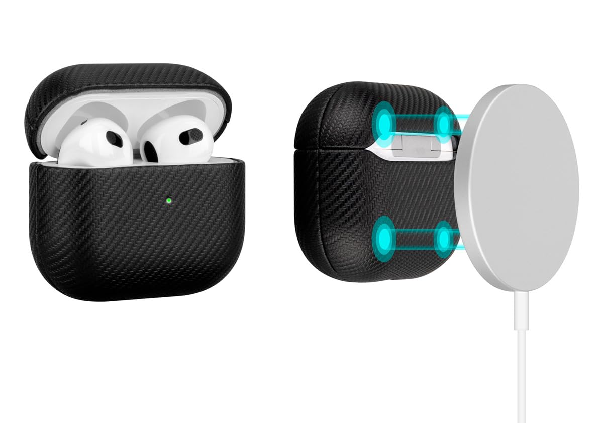 LOPIE Handmade Case for AirPods 3 (Released in 2021), Built-in Magnets for MagSafe Charging, Carbon Fiber Style Vegan Leather Case Cover for Gen 3 AirPods (Not for AirPod Pro 3rd Generation) - Black