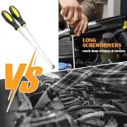 Long Magnetic Screwdriver Set, 2pcs 10in Extra Long Phillips Slotted Screwdriver, Heavy Duty, Rubber Handle, Magnetizer/Demagnetizer, Chrome Vanadium Steel