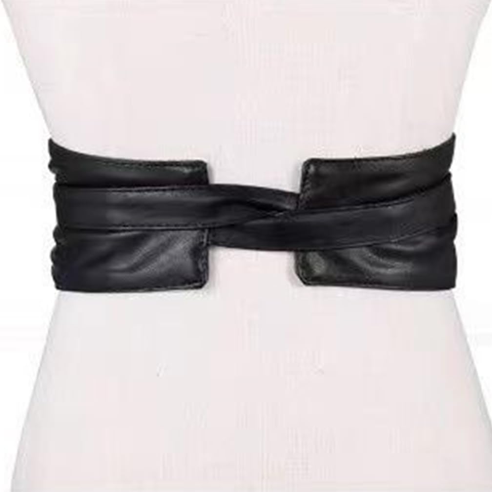Fuimsul Women Elegant Pu Leather Obi Belt Fashion Solid Color Faux Leather Wide Waistband Tie Knotted Belt for Dress (Black)