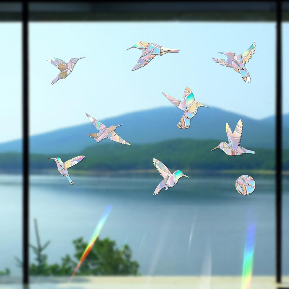 48 Pieces Birds and Circle Static Window Clings Anti Collision Window Decals for Bird Strikes, Glass Door Window Stickers, Stop Birds Flying into Windows, Hummingbird Style