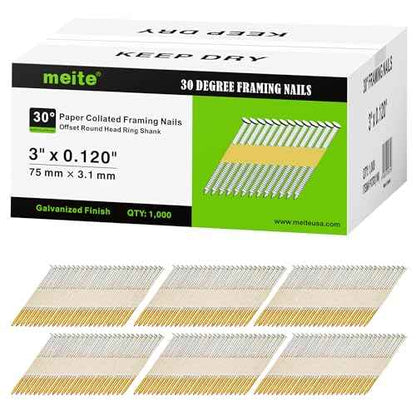 meite 30 Degree Framing Nails 3-Inch x .120-Inch, Ring Shank, Electro-Galvanized Coated, Paper Tape Collated, Offset Round Head Framing Nails for 30-34 Degree Framing Nailers (1,000 Counts)