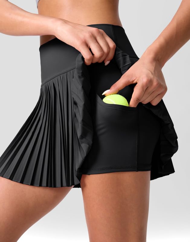 SANTINY Pleated Tennis Skirt for Women with Pockets Shorts Women's High Waisted Lightweight Athletic Golf Skorts Skirts for Casual(Black_M)