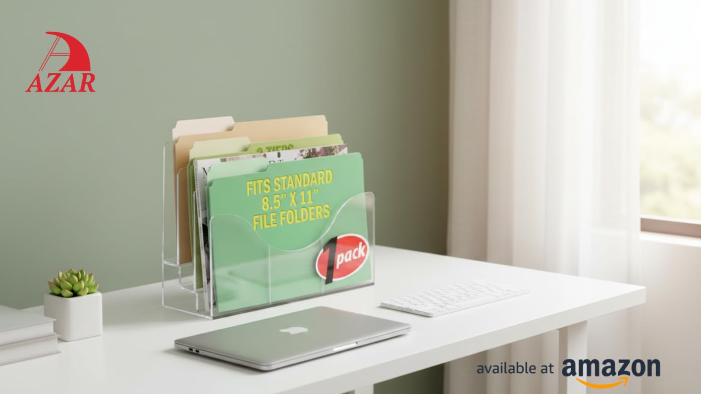 Azar Displays 250099 Three Tier File and Brochure Desktop Wall Organizer Holder with Dividers Brochure Display Stand Acrylic Holder, Fits 8.5" x 11" Files, Clear, 1 Pack