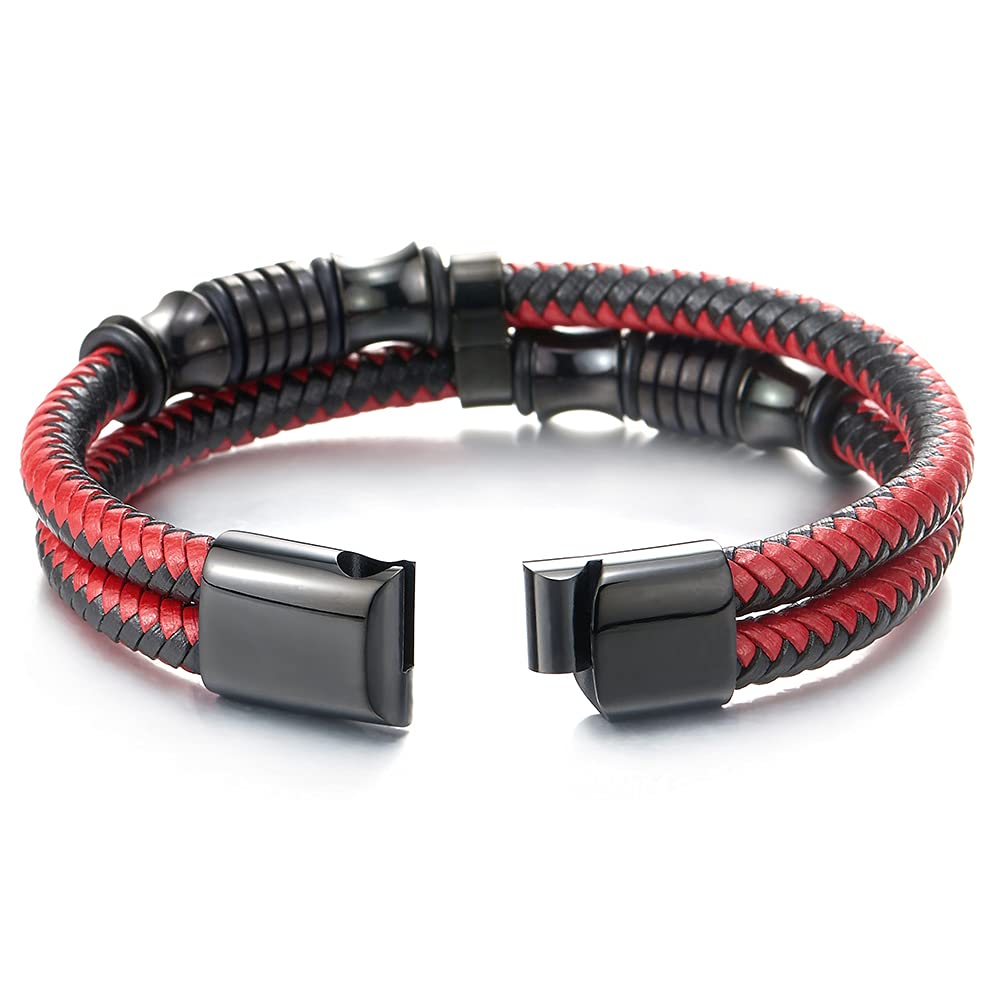 COOLSTEELANDBEYOND Mens Double-Row Black Red Braided Leather Bracelet Bangle Wristband with Black Stainless Steel Ornaments