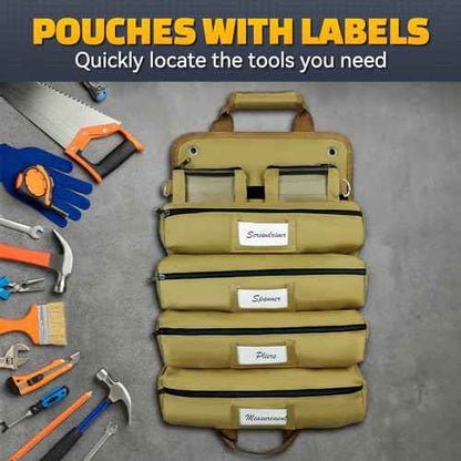 Tomorotec Heavy Duty Roll Up Tool Bag Organizer - Tool Roll Bag with 2 Detachable Pouches, Labeled Compartments & Expandable Pockets - Compact, Portable Storage