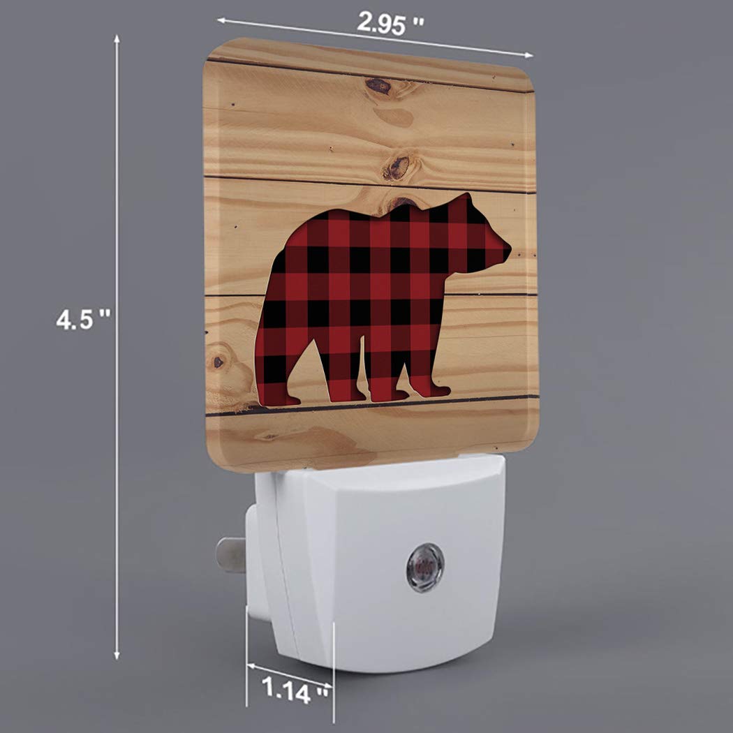 Plug-in LED Night Lights Lamp Buffalo Check Plaid Bear Wood Rustic Printed Auto Dusk-to-Dawn Sensor for Bedroom, Bathroom, Kitchen, Nursery,Hallway,Stairs,Wall Home Decor, Red Black