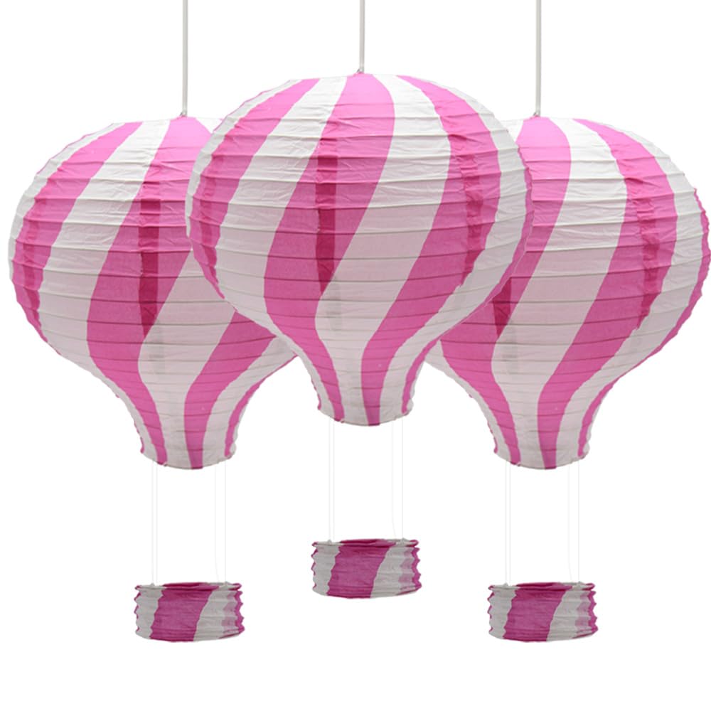 Ruidee 3 Pieces Hanging Hot Air Balloon Paper Lanterns 12 inch Paper Lanterns Set Decoration Ball Lamps for Wedding, Birthday, Anniversary, Christmas (Pink)
