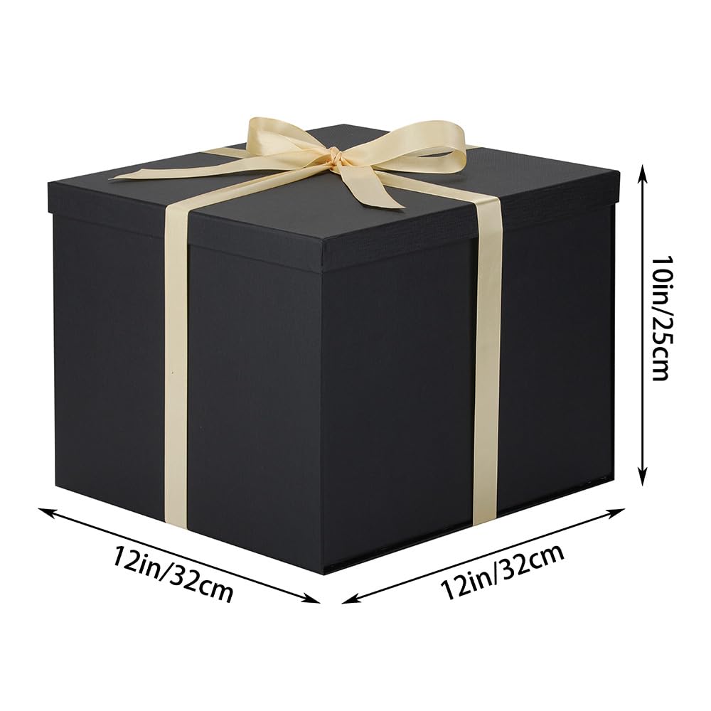OBMMIRAO Large Gift Box with Lid 12.5x12.5x10 Inches, Black Gift Boxes for presents Packaging for Birthdays, Valentine's Day, Christmas, Anniversaries (Include Shredded Paper Fill, Envelope Card Ribbon)