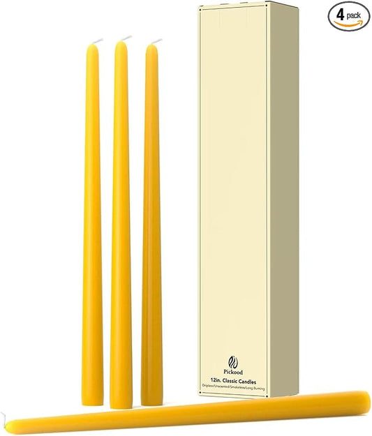 12-Inch Tall Dripless Taper Candles Set of 4 - Lemon Yellow Tapered Candles, Perfect for Spring - Smokeless, Unscented, Long Burning - Hand Poured, Colored Tall Candlesticks - Lenmon