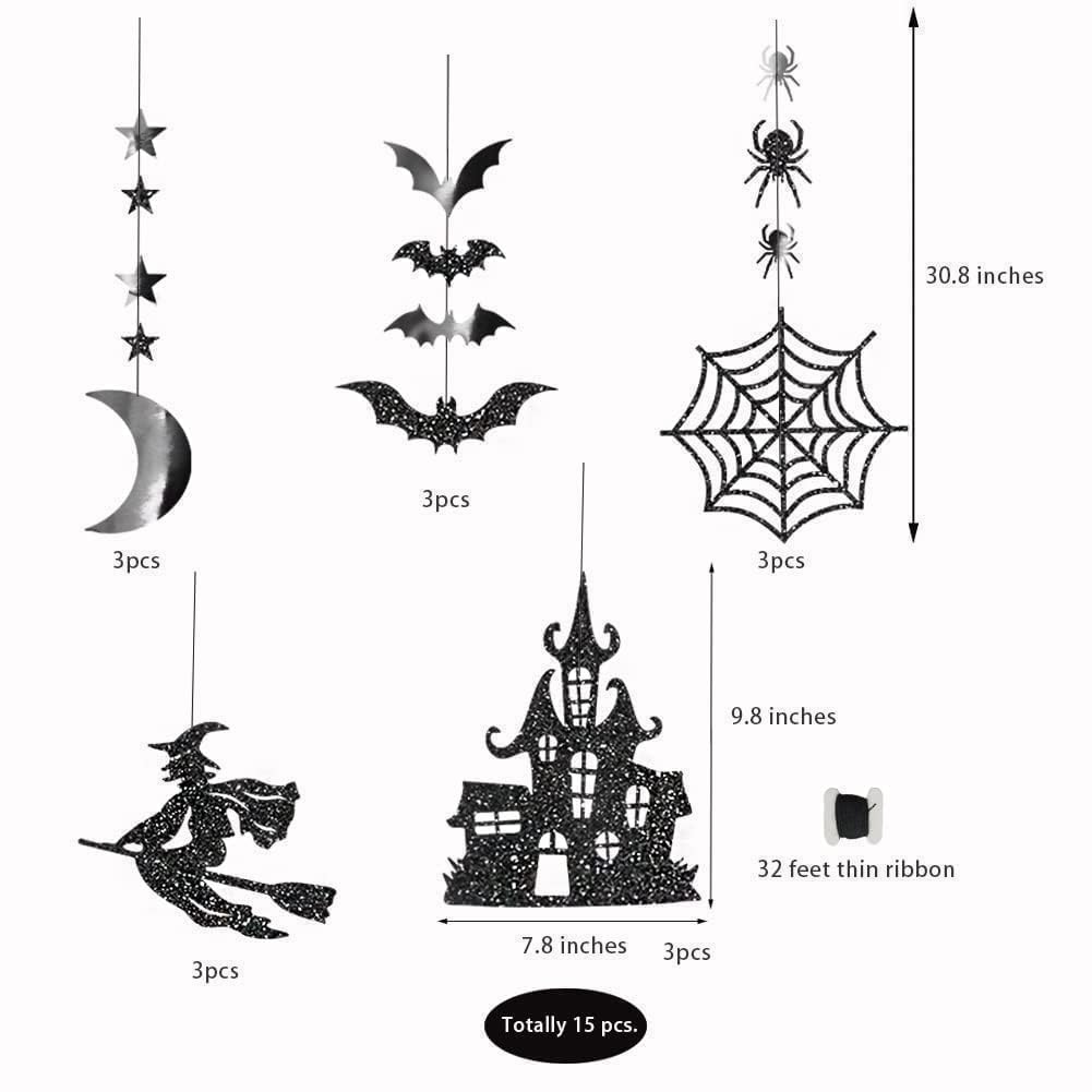 Cheerland Clearance Witch Decorations Gothic Hanging Banner Indoor Garland Glitter Black Decor Moon Star Glitter Garland Decoration Haunted House Witchcraft Decor Birthday Halloween Party Supplies