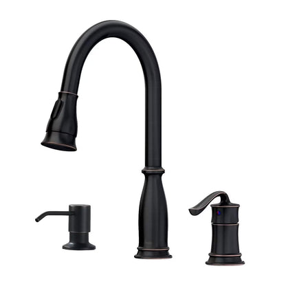 APPASO 3 Hole Kitchen Faucet with Pull Down Sprayer, Kitchen Faucets with Soap Dispenser, 3 Pieces Kitchen Sink Faucet with Separate Handle, Matte Black Kitchen Faucet 3 Hole, 218MB