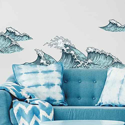 PLIGREAT 6 Pcs Blue Ocean Sea Waves Wall Stickers, Removable Vinyl Peel and Stick Wall Decals for Bathroom Nusery Bedroom Playroom Wall Decoration Home Indoor DIY Wall Art Decor Bathtub Decals