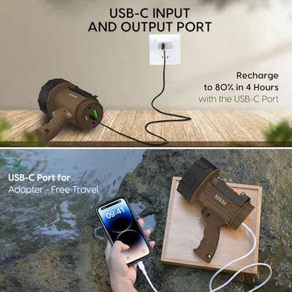 XINXI Rechargeable Spotlight Flashlight with 1000000 Lumens, IP67 Waterproof Handheld Flashlight with red Filter,Long Running Time and 4 Light Modes for Hiking, Fishing,Hunting(Brown)