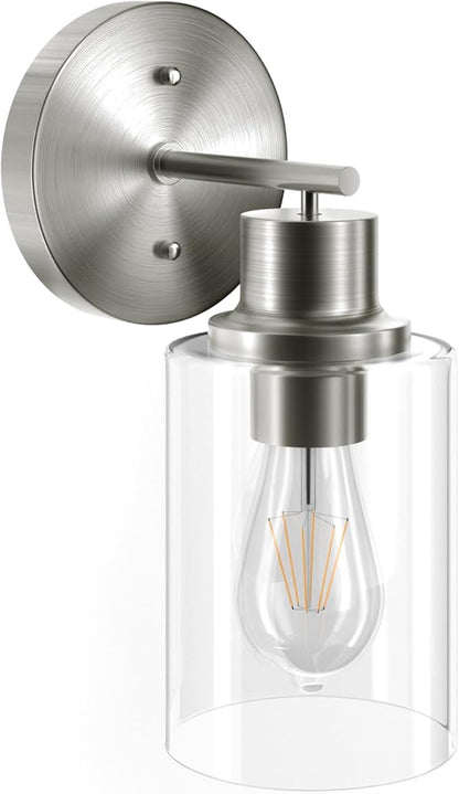 GORDNWE 1-Light Bathroom Wall Sconce, Brushed Nickel Vanity Light, Modern Wall Light Fixture with Clear Glass Shade and E26 Bulb Base, Wall Lamp Wall Mount Light Fixtures for Mirror, Bedroom, Hallway
