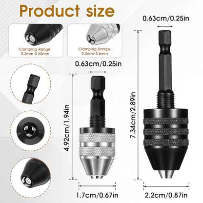 2 PCS Keyless Drill Chuck for Impact Driver, 1/4 Inch Hex Shank Drill Chuck Fast Change Converter Extension Drills Bit Adapter Keyless Chucks, Chucks Conversion Adapter in 0.3-6.5mm, 0.3-3.6mm