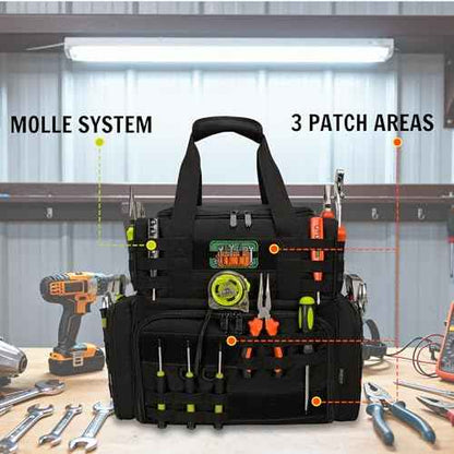 Tactical Tool Bag with 3 Inner Pouches, Portable Handheld and Shoulder Sling Tool Tote Organizer with MOLLE System, Large Capacity for Electricians, Technicians, Repairman, HVAC Techs, Black