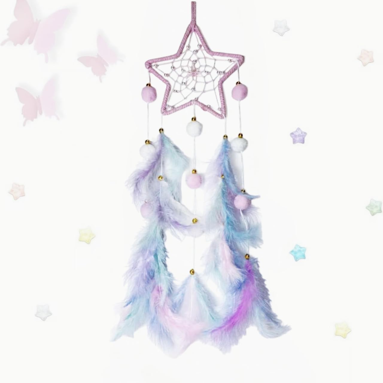 Fun-Plus Pink Dream Catcher Wall Hanging Set - 10 Butterflies & 16 Stars, Boho Room Decor for Girls, Easy Peel & Stick Wall Art