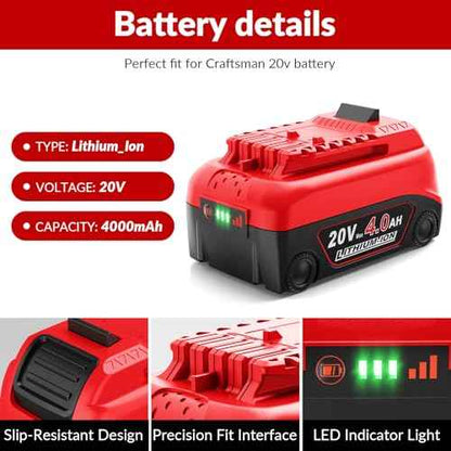 Amityke Replacement for Craftsman 20V Battery 1Pack 4.0Ah V20 Battery& Charger Kit -Compatible with CMCB202, CMCB204, CMCB206, CMCB201, CMCB100, CMCB1