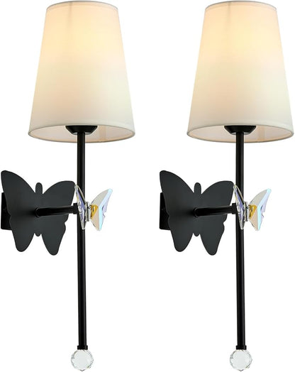 Battery Operated Wall Sconces Set of 2,Rechargeable Wall Lights with Butterfly Crystal Decorative Sconces,Cordless Battery Sconce Indoor Wall Lamps for Bedroom Living Room Hallway Stairs Black