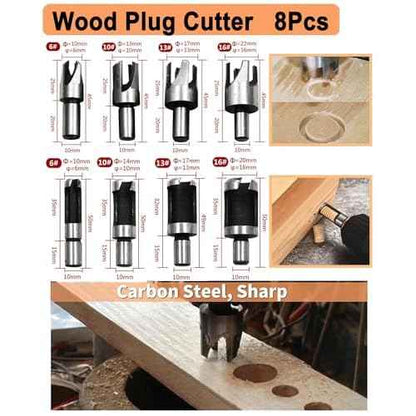 34 Pack Wood Working Chamfer Drilling Tools, 6 Countersink Drill Bit Set, 7 Counter Sinker Drill Bit Set, 8 Plug Cutters for Wood, 8 Drill Stop Bit Collar Set and 3 Step Drill Bits.