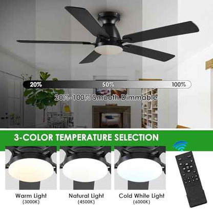 Ceiling Fans with Lights, 56" Flush Mount Ceiling Fan with Light and Remote/APP Control, Low Profile, Modern Ceiling Fan Reversible, Dimmable, Noiseless, Black for Bedroom