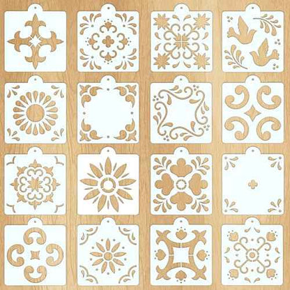 16 Pcs Wall Stencil Set, 8X8 Inch Wall Stencils for Painting with O-Ring Hook, Talavera Stencil for Painting on Furniture, Floor, Walls, Canvas, Resuable Tile Stencils for Home D?cor