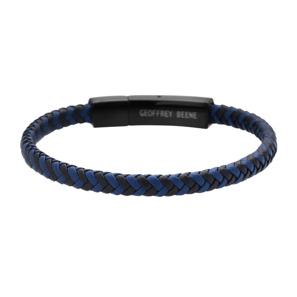 Geoffrey Beene Men's Braided Genuine Leather Fashion Bangle Bracelet with Stainless Steel Clasp (Blue)