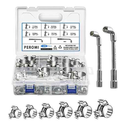 T-bolt Hose Clamps, PEROMI 28pcs 6 Size Heavy Duty Radiator Hose Clamps Assortment Kit-Size Range 17-35mm, 304 Stainless Steel Pipe Tube Clamps