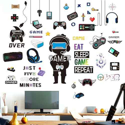 Gamer Wall Stickers - Controller Eat Sleep Games Joystick Video Gaming Wall Decals - Boys Bedroom Playroom Baby Kids Room Wall Decor