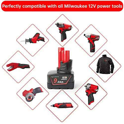 2Pces 12V 9Ah Battery Replacement Compatible for Milwaukee 48-11-0490, 48-11-2402, 48-11-2411, 48-11-2430, Cordless Power Tools & Heated Jackets with LED Indicator£¨Not Made in Milwaukee£©