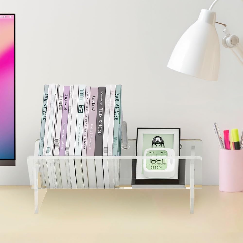 Picowe Acrylic Desktop Bookshelf, Transparent Tabletop Book Stand Organizer with Semi-Circular Base, Book Holder Display Rack for Books, CDs, Magazines