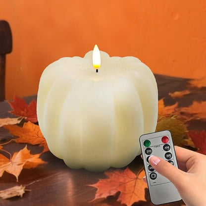 Fall Decor, Fall Decorations for Home - Flameless Pumpkin Candle with Timer Remote - Room Bedroom Table Farmhouse Decor for Halloween, Thanksgiving, White