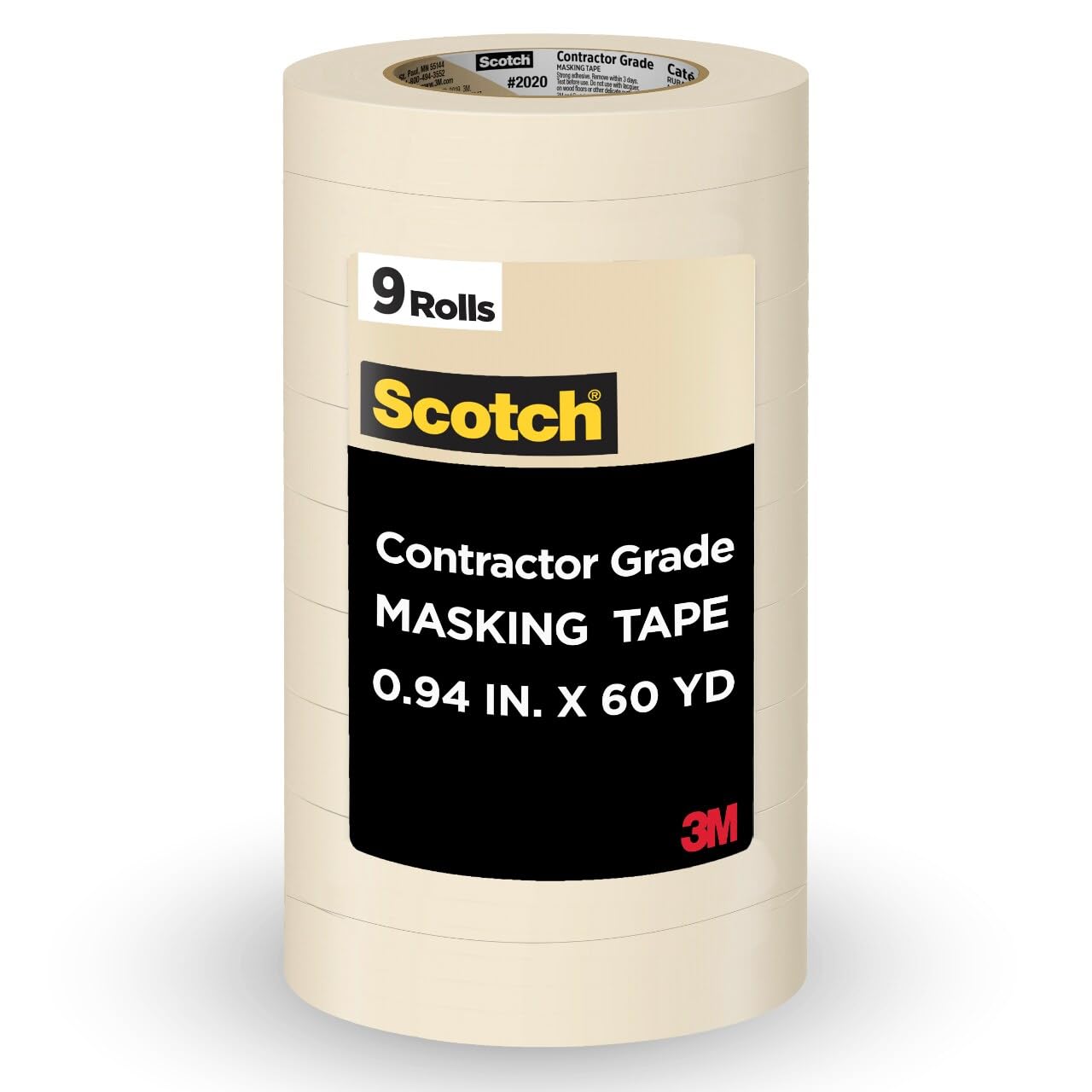 Scotch Contractor Grade Masking Tape, 0.94 inches by 60.1 Yards (540 Yards Total per roll), 3 Pack